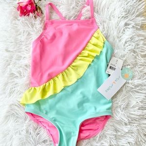 New with tags MIA & MILES Girls Onepiece Swimsuit. ADORABLE Pink & Aqua w/yellow
